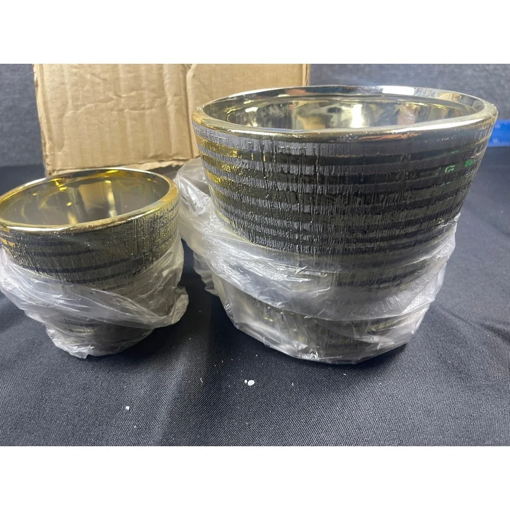 LYITSENT Gold Silver Striped‎ Ceramic Planter Set 2pc Modern Metallic Round Pots
